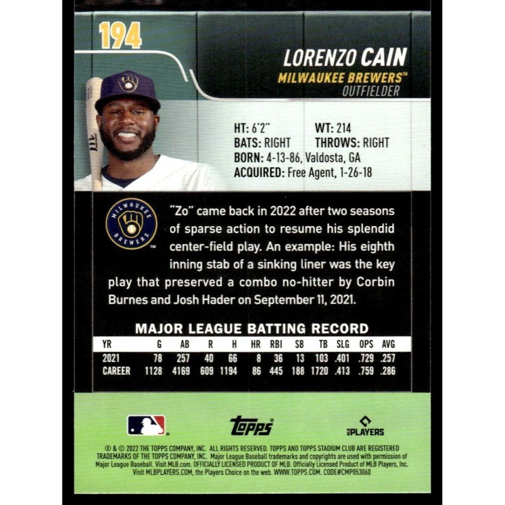 2022 Stadium Club Lorenzo Cain Milwaukee Brewers #194 Red Foil - Picture 2 of 2
